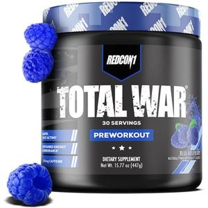 REDCON1 Total War Pre Workout Powder, Blue Raspberry - Beta Alanine + Citrulline Malate Keto Friendly Preworkout for Men & Women with 320mg of Caffeine - Fast Acting (30 Servings)