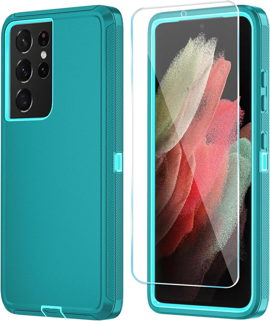 ONOLA Phone Case for Samsung Galaxy S21 Ultra Case with HD Screen Protector, Heavy Duty Shockproof & Dropproof 3-Layer Cover Phone Case for Galaxy S21 Ultra 6.8'',LakeBlueSkyBlue