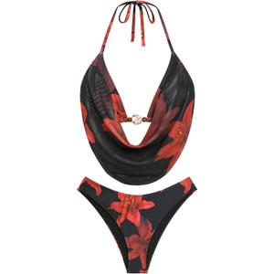 ZAFUL Women's Two Piece Bikini Sets Triangle Halter Swimsuit Deep V Cowl Neck Ruching Bathing Suits XL