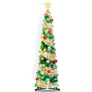 5FT Pop Up Christmas Tree with Timer 60 Warm White & Multi Color Fairy Light 3D Star 15 Ball Ornament, Green Gold Tinsel Christmas Tree Slim Pencil Xmas Tree Home Office Holiday Decor Indoor Outdoor