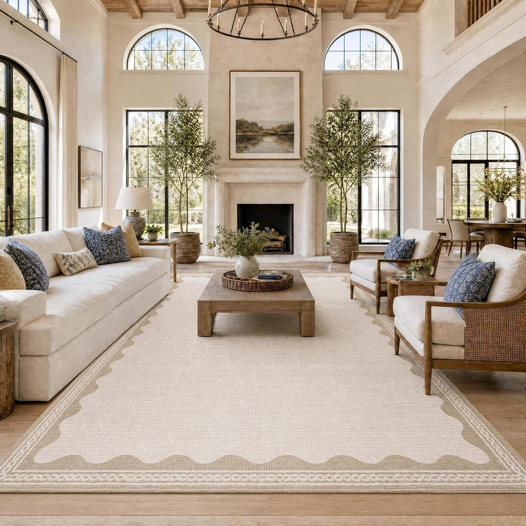 GarveeHome Scalloped Beige Washable Rugs 9x12 Rug for Living Room Non-Slip Solid Modern Minimalism 9 x 12 Rug Low-Pile Carpet for Bedroom Dining Nursery Mat with Rubber Back