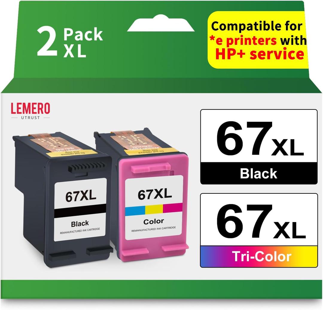 LEMERO UTRUST Remanufactured 67XL Ink Cartridge Replacement for HP DeskJet 2700 2755e 2700e 4155e 4155 Envy 6000 6055e 6400 6455e, Black, Tri-color, 2-Pack