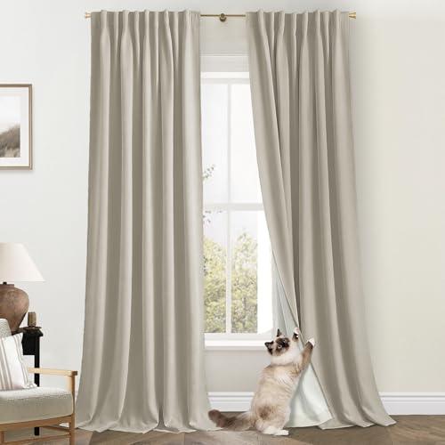 Warm Taupe Curtains 84 Inch Length 2 Panels Set, Cat Proof Pleated Polished Faux Linen Thermal Blackout Neutral Curtain Drapes for Bedroom Living Room 84 Inches Long
