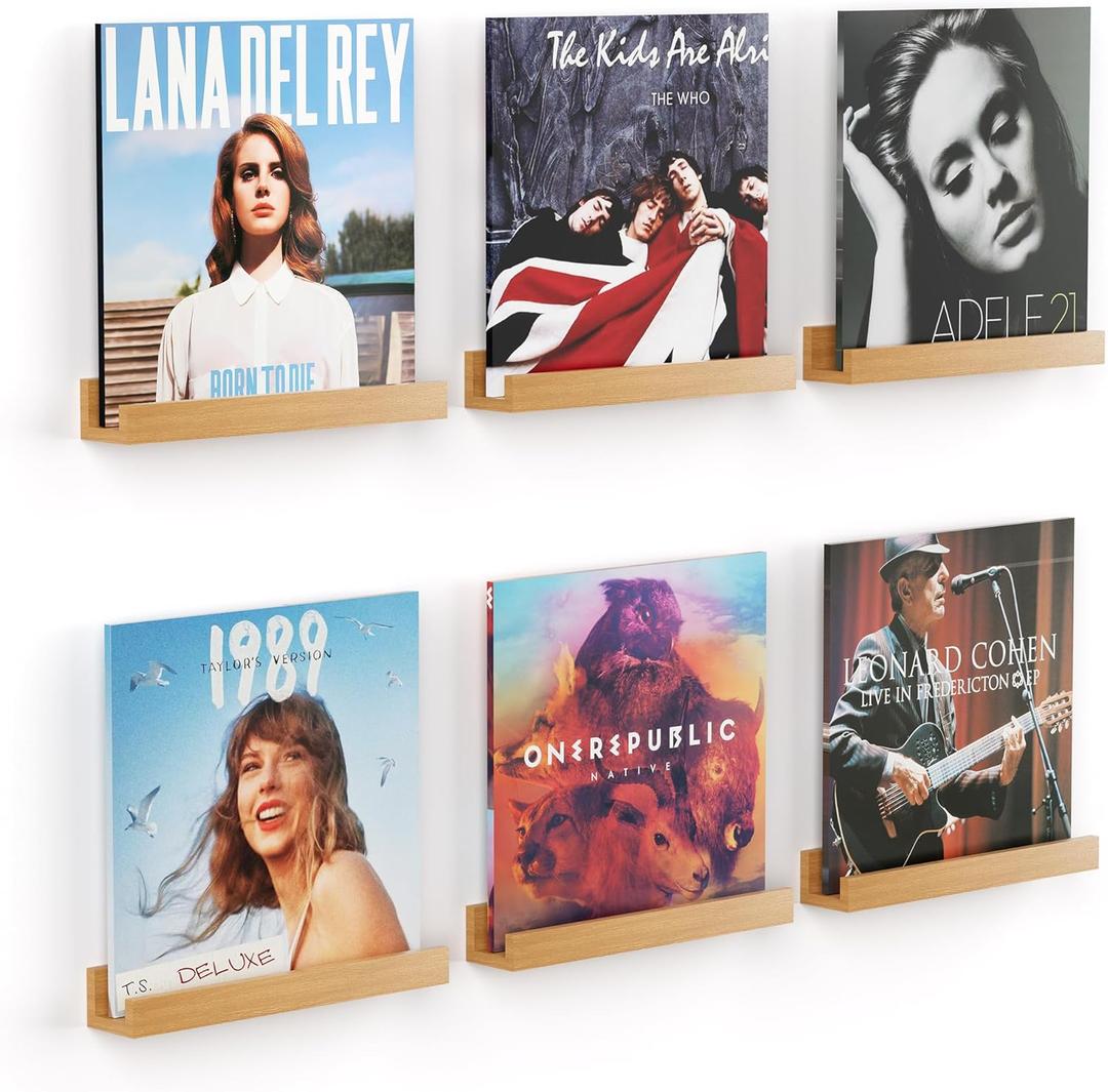 Vinyl Record Shelf Wall Mount 12inch, Pack of 6 Album Record Holder Display Rack, Wood Floating Shelves for Wall Decor, Album Shelves, Kids Bookshelf, Magazine Rack, Natural Wood