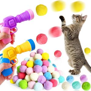 2 Cat Toy Launchers & 100 Cat Pom Pom Balls, Cat Toys Balls Launcher, Launch Ball Interactive Toy, Silent Plush Elastic Ball for Kitty (Colorful)