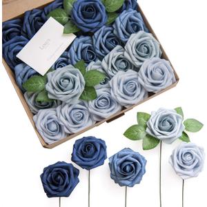 Ling's Moment Artificial Flowers, 25Pcs 3" Roses in Dusty Blue Shades, Realistic DIY Foam Floral Decor for Wedding Bouquets/Centerpieces, Outdoor Party Backdrops, Room/Table, and Garden/Pot Decoration (Shades of Navy Blue)