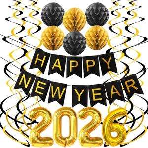 New Year Decorations 2026, Happy New Year NYE Eve Party Supplies Banner with Hanging Swirl, Honeycomb Balls Decorations for Home Office Classroom, Black Gold