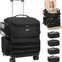 Relavel Rolling Makeup Train Case, Cosmetology Case on Wheels with 4 Clear Bags, Professional Makeup Artist Set Bags Cosmetic Storage Organizer with Adjustable Dividers, 360 Spinner Wheels, Black