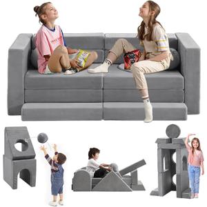 22Pcs Modular Kids Play Couch, 1000+DIY Creativing Playroom Furniture for Kids, Toddler Couch, Convertible Foam and Floor Cushion for Boys and Girls,Dark Grey