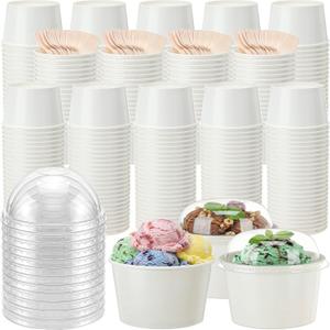 200 Pack Ice Cream Cups with Dome Lids No Hole and Spoons Bulk Disposable Paper Dessert Bowls White Sundae Containers for Snack Yogurt Soup Birthday Summer Ice Cream Party Supplies (8 oz)