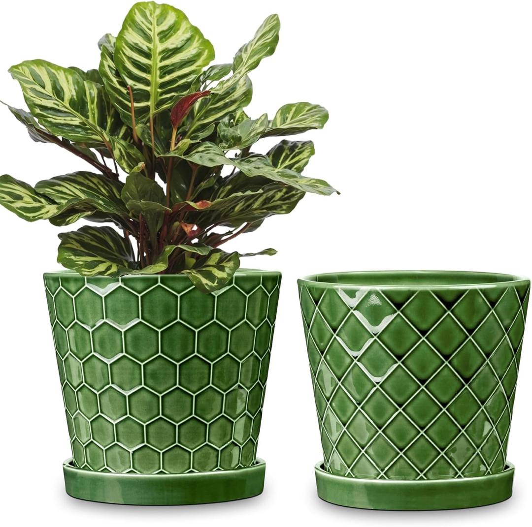 BUYMAX Plant Pots Indoor 6 inch Ceramic Flower Pot with Drainage Hole and Ceramic Tray - Gardening Home Desktop Office Windowsill Decoration Gift, Set of 2(Patina)
