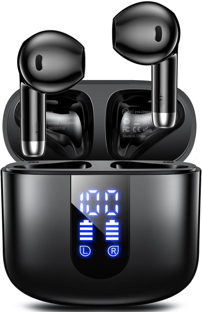 Wireless Earbuds, Bluetooth Headphones with Deep Bass Stereo, 48H Playback Ear Buds with LED Power Display, Lightweight, IPX7, in-Ear Earphones with Mic for iPhone/Android/iPad, Black