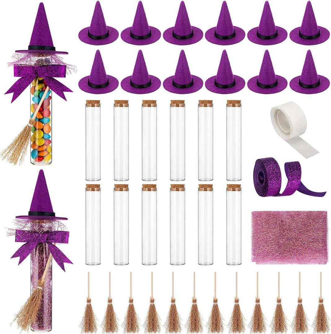Roshtia 12 Set Halloween Glass Candy Tubes Trick or Treat Clear Plastic Test Tubes with Screw Caps Witch Hats and Brooms Containers Candy Holder for Halloween Party Favors Gift(Purple)