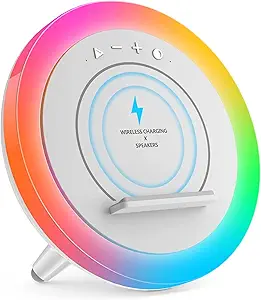 Bluetooth Speaker Night Lights, Wireless Charging Kids Speaker, Color Changing Modern Bluetooth Lamp,Teenage Boys Girls Gifts Ideas (15W Wireless Charging with Battery)