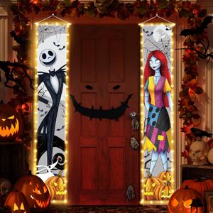 Jack Sally Lighted Banners Porch Signs Halloween Decor Christmas Nightmare Hanging Banner Halloween Decorations Outdoor Horror Poster for Indoor Before Party Wall Art Wallpaper Lights