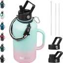 BJPKPK Half Gallon Insulated Water Bottles with Straw Lid & Side Handle, 64oz Large, Stainless Steel Water Bottles with 3 Lids and Paracord Strap, Metal Water Jug,Marshmallow