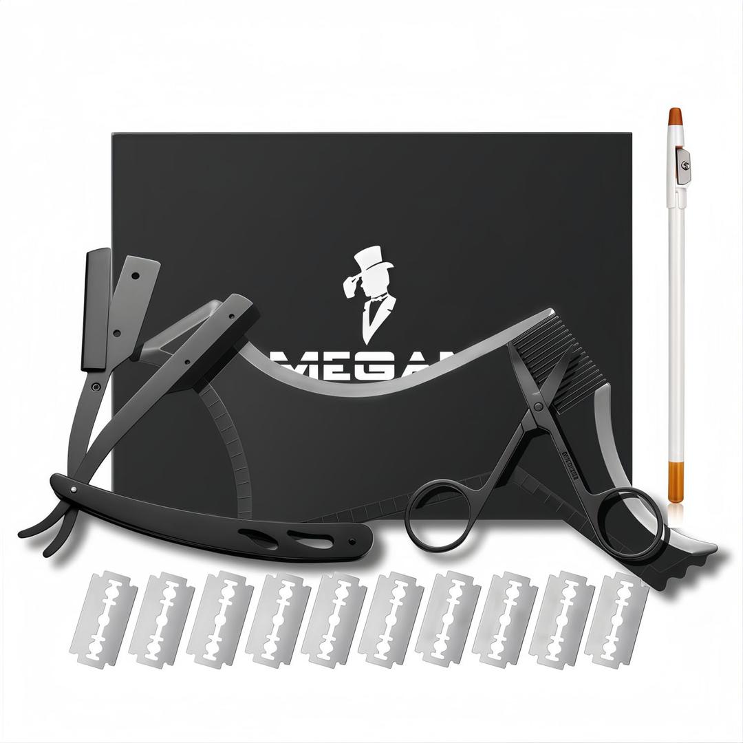 Megan Beard Shaping Tool,5 Piece Set Beard Shaper for Man - Include Professional Straight Edge Razor, Template Guide, 10 Count of Double Edge Blades, Barber Pencil and Stainless Steel Scissors.