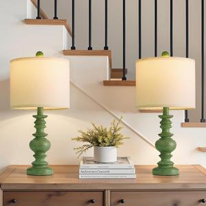 BOBOMOMO 20" Sage Green Table Lamps Set of 2 Farmhouse Resin Bedside Lamps with Linen Shades, Handcrafted Traditional Rustic Lamp for Bedroom, Living Room, or Corner Ideal for Small Spaces