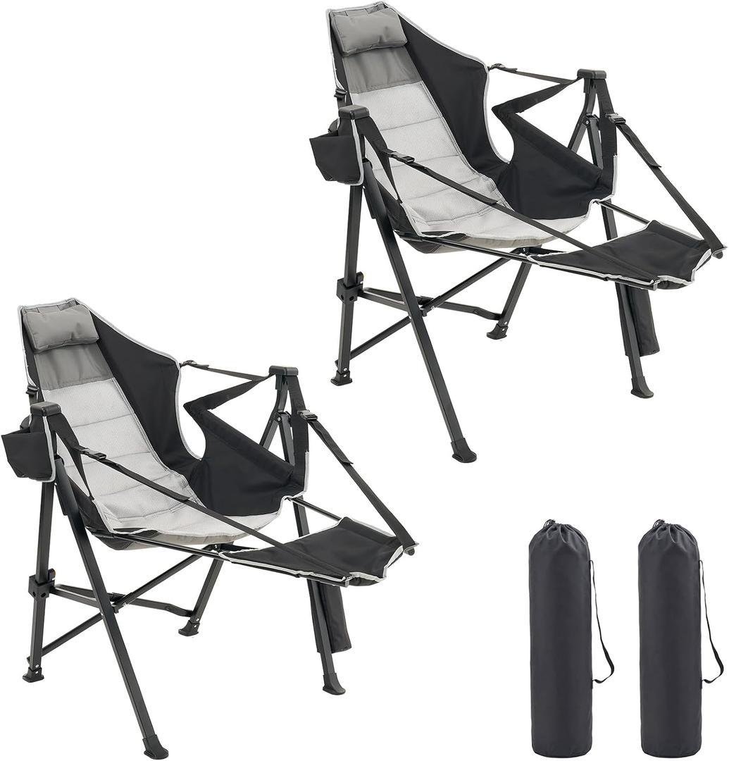 Hammock Camping Chair 2 Pack with Removable Footrest, 400lbs Heavy Duty Portable Swing Chair Outdoor with Adjustable Back, Foldable Camping Chair with Headrest and Cup Holder for Camping, Patio, Lawn