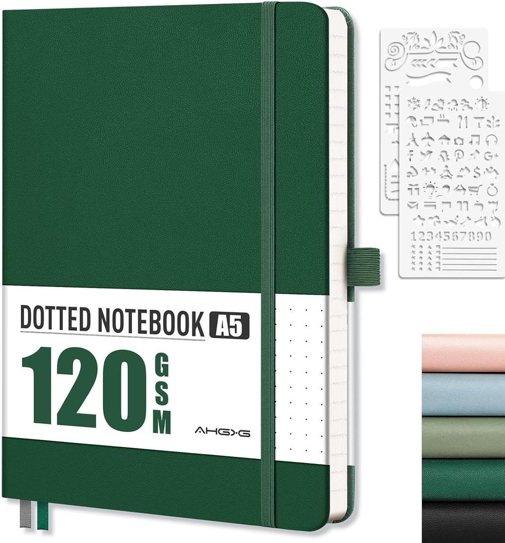 AHGXG Dotted Journal - Dot Grid Notebook Journal, 120 GSM Thick Acid-Free Paper, A5 Dotted Notebook 160 Pages, Leather Hardcover, Inner Pocket, Journal Stencil, 5.7''  8.3'', Dark Green