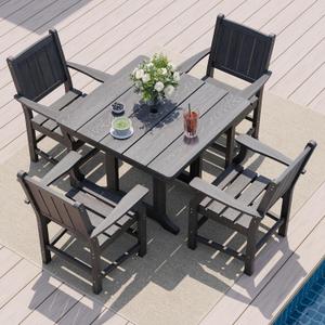 Pamapic 5 PCS Outdoor Dining Set, Spacious HDPE Outdoor Table and Chairs, Wood Grain Patio Furniture Sets with Elegant Armrest, All-Weather Patio Dining Table with Umbrella Hole, Gray (Grey)