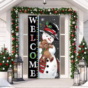 Christmas Welcome Snowman Door Cover Christmas Door Decoration Winter Cute Banner Backdrop for Xmas Holiday Party Outdoor Indoor Home Decoration, 6 x 3 Feet