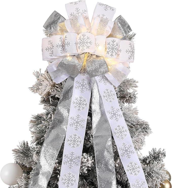 Zeyune Christmas Tree Topper 12 x 45 Inches Large Christmas Bows LED Lights Glitter Satin Mesh Streamer Snowflake Ribbon Decorative Bows for Xmas Tree Decorations Gifts(SilverWhite)