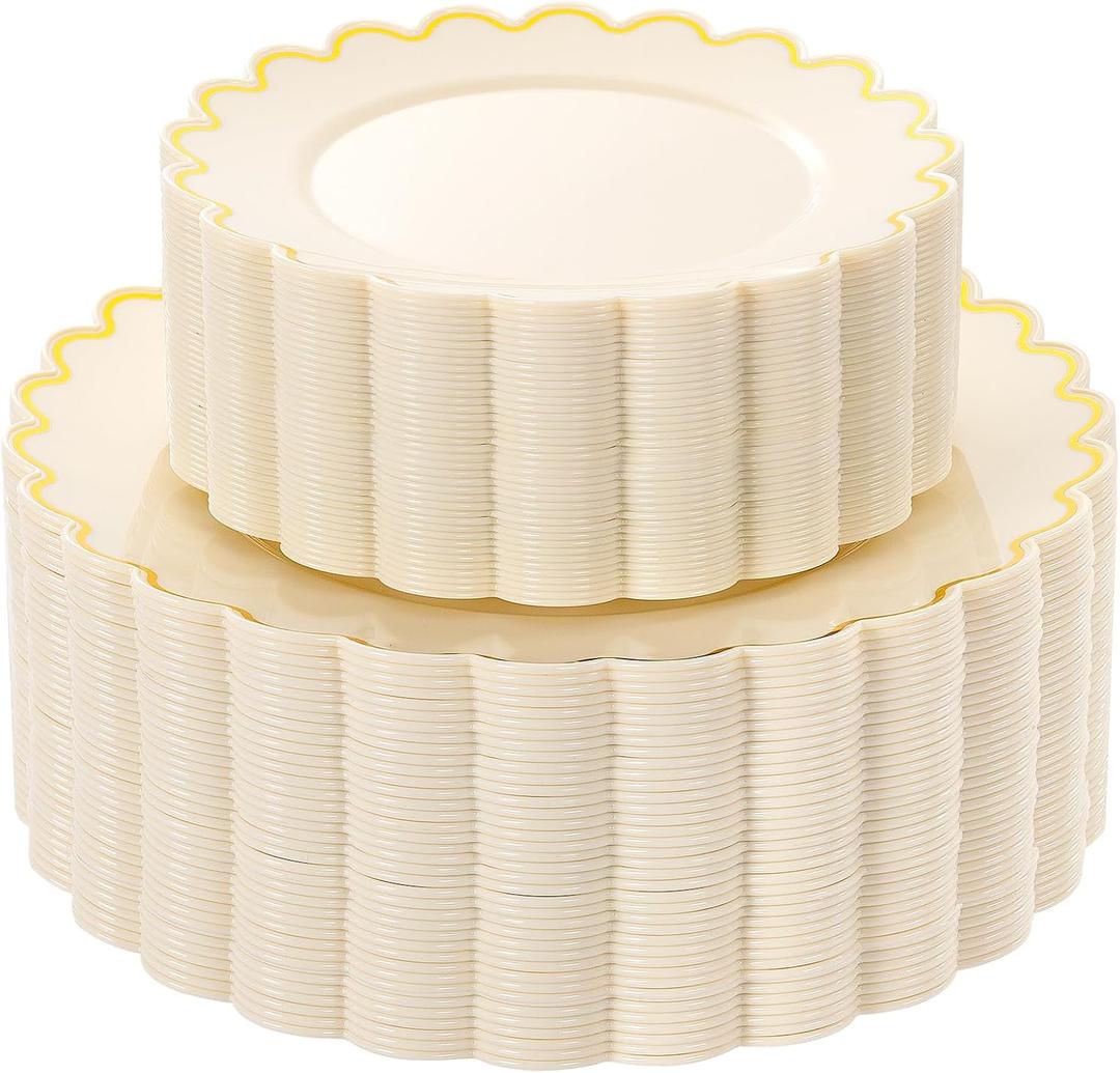 LIYH 100 Pcs Ivory and Gold Scalloped Plastic Plates - Ivory Plastic Plates Includes 50 Dinner Plate 10.25" and 50 Dessert Plate 7.5" Elegant Plastic Heavy Duty Party Dishes (50 Guests)