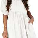 Dokotoo Womens Summer Crewneck Puff Sleeve Babydoll Elegant Empire Waist Mini Swing Skater Dresses with Pockets (Small, 1 White 2)