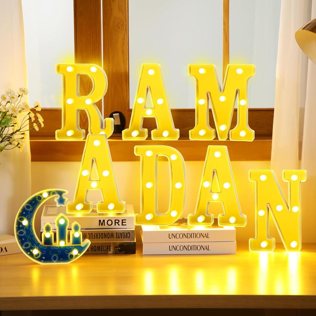 8 Pcs Ramadan Decorations Ramadan LED Letter Lights Sign Battery Powered Light up with Mirror Surface Table Decor Hanging Decorations for Party Club Restaurant Indoor Outdoor Wall Decor