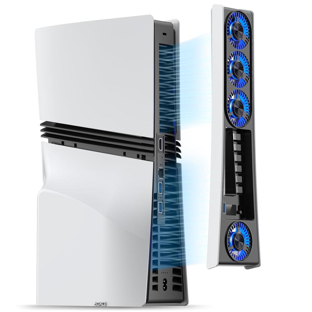 JUSPRO Cooling Fan for PS5 Pro, Quiet Enhanced 4 Cooler Fan with Adjustable Speed, Auto Power On/Off, Cooling Accessories with USB 3.0 Port and LED Light for PlayStation 5 Pro