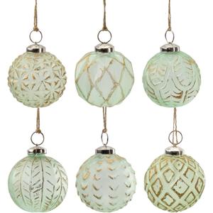 AuldHome Design Farmhouse Ball Ornaments (Set of 6, Soda Glass); Distressed Metal Glass Ball Vintage Style Christmas Decorations