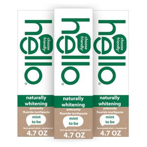 Hello Naturally Whitening Fluoride Toothpaste, Natural Whitening Toothpaste with Coconut Oil and Tea Tree Oil, Tames Bad Breath, Helps Moisturize, and Fights Cavities, Mint, 3 Pack, 4.7 Oz Tubes