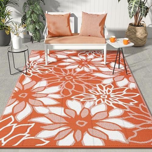 GENIMO Outdoor Rug Waterproof for Patio Decor, 6' x 9' Reversible Plastic Straw Floral Camping Carpet, Large Area Rugs Mats for RV, Camper, Deck, Balcony, Porch, Beach, Picnic, Orange & White