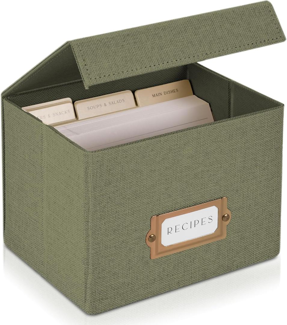 ZICOTO Beautiful Linen Recipe Box - Fits 4x6 inch Recipe Cards to Organize Up to 250 Recipes - Sturdy Card Holder and Great Gift for Any Kitchen - Cards Not Incl. (Sage)
