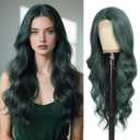 Long Green Wavy Wig for Women 26 Inch Dark Green Middle Part Curly Synthetic Hair Wig Natural Look Heat Resistant Fiber for Daily Party Use