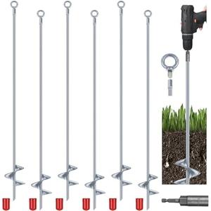 Yaocom 6 Pcs 40 Inch Extra Long Ground Anchor 4" Wide Helix 14 mm Rod Auger Earth Ground Metal Heavy Duty Anchors Hook Wind Stakes Eye Anchor for Guying Tents Fencing Canopies Bridge House (Silver)