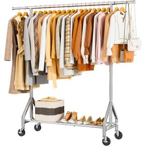 HYSEYY Heavy Duty Clothes Rack Load 450 LBS, Metal Garment Rack, Standing Rolling Clothing Rack for Hanging Clothes with Sturdy Wheels & Shelves, Portable Closet Wardrobe Rack,Sliver