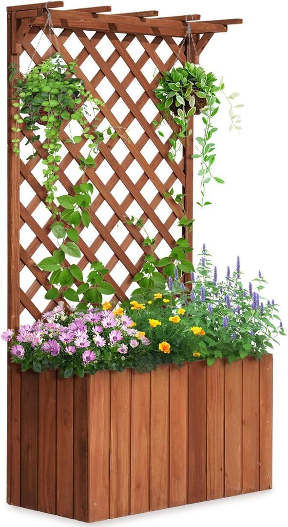 Quictent Raised Garden Bed Wood Planter Box with Lattice Trellis for Vine Climbing Plants Flower Free-Standing, for Patio Garden Indoor Outdoor 25x12x48 in (Brown)
