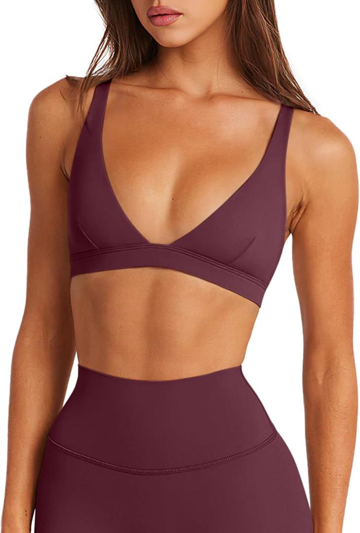 LASLULU Womens Deep V-Neck Sports Bra Padded Wireless U Back Workout Bra Low Impact Gym Workout Yoga Crop Tops (S)