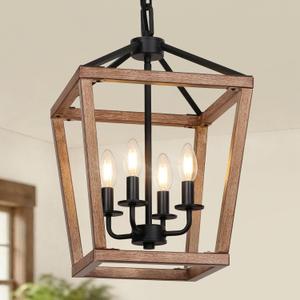 4 Light Farmhouse Chandelier, Lantern Ceiling Light Fixture with Brushed Rustic Wood Metal Cage and Adjustable Chain, E12 Base Geometric Hanging Lights for Dining Room Kitchen Island Entryway, Indoor