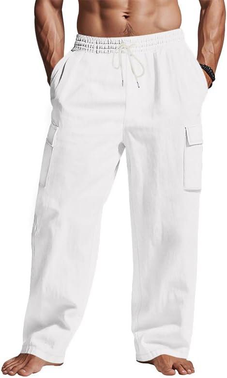 Mens Casual Cargo Pants Summer Vacation Lightweight Drawstring Pants Elastic Waist Beach Yoga Trousers with Pockets Medium