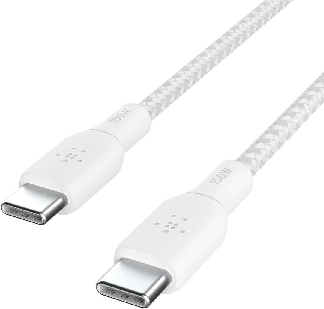 Belkin BoostCharge Braided USB-C to USB-C (2M/6.6ft) Fast Charging Cable 100W Power Delivery USB-IF for iPhone 16 Series, MacBook, iPad, Galaxy S25 Series, Pixel, Nintendo Switch 2 & More - White (White)