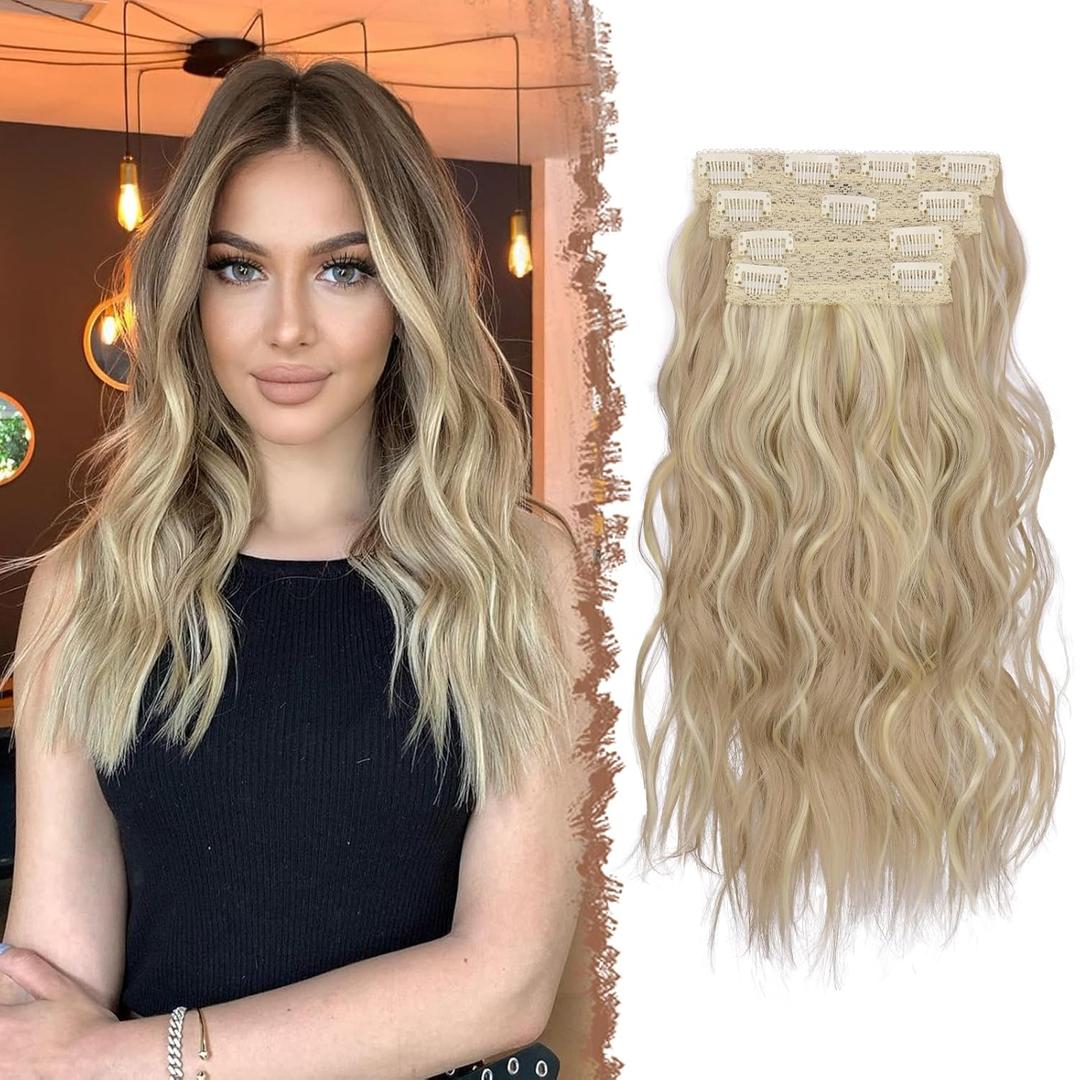 FESHFEN Clip in Hair Extensions - 4 PCS Long Wavy Thick Clip in Hairpieces Full Head Natural Soft Synthetic Hair Extension for Women, Dirty Blonde, 20 Inch