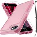 RMOCR Case for iPhone 8/7/SE 2022 2020, with Screen Protector,Military Grade Heavy Duty Shockproof Phone Cover with Wrist Lanyard Strap for iPhone 8/7/SE 2nd 3rd 4.7 inch,Cute Pink