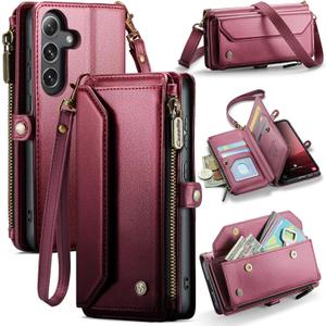 for Samsung Galaxy S25/S24 Case, Women Men Multi-Function Wallet Case with Stand RFID Blocking Featuring Magnetic Closure Zipper Includes Shoulder Strap Wrist Strap (Red)