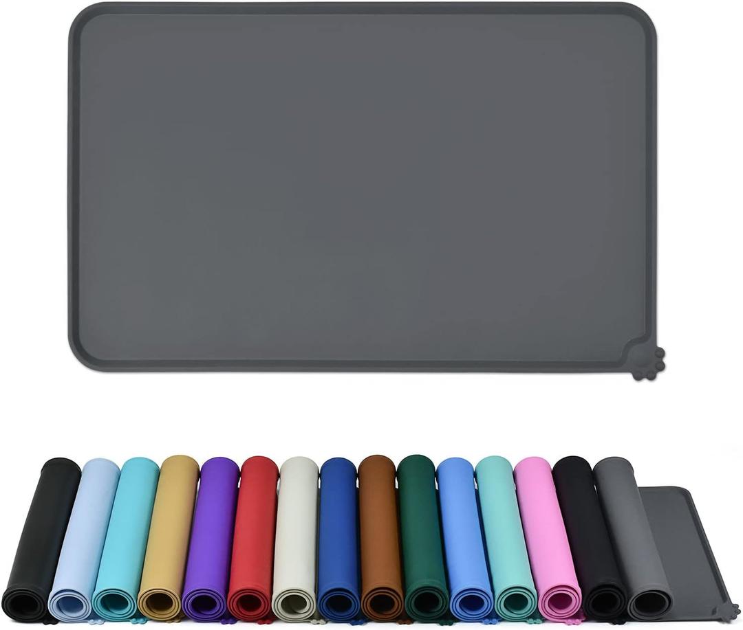 Waterproof Pet Feeding Mat with High Raised Edges, Heavier and Thicker Placemats for Cat Dog Water Bowl with BPA Free, Dogs Cats Food Mats for Messy Drinkers to Prevent Spill and Protect Floors (32" x 24", Grey)