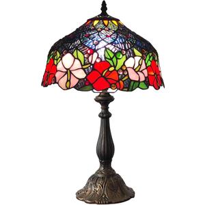 Tiffany Lamp Stained Glass Table Lamp Tiffany Style 3-Way Vintage Beside Reading Light 12 inch Flowers Style Antique Nightstand Light (Red Pink Flowers)