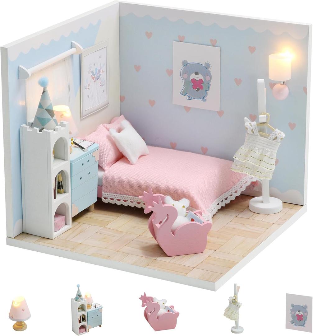 Kisoy Dollhouse Miniature with Furniture Kit, DIY 3D Wooden DIY House Kit A Corner of a Small Apartment Style with Dust Cover & LED, Handmade Tiny House Toys for Kids Adults Gift (Dream Room)