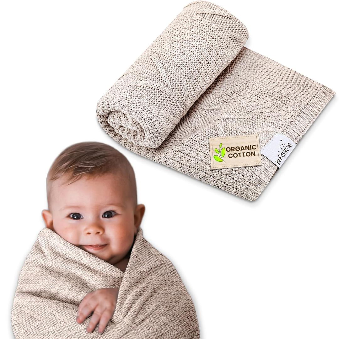 Organic Cotton Baby Blanket - 31.5 x 43.3 Inches, Soft Knitted Crib Blanket for Boys & Girls, Breathable Design (Beige)